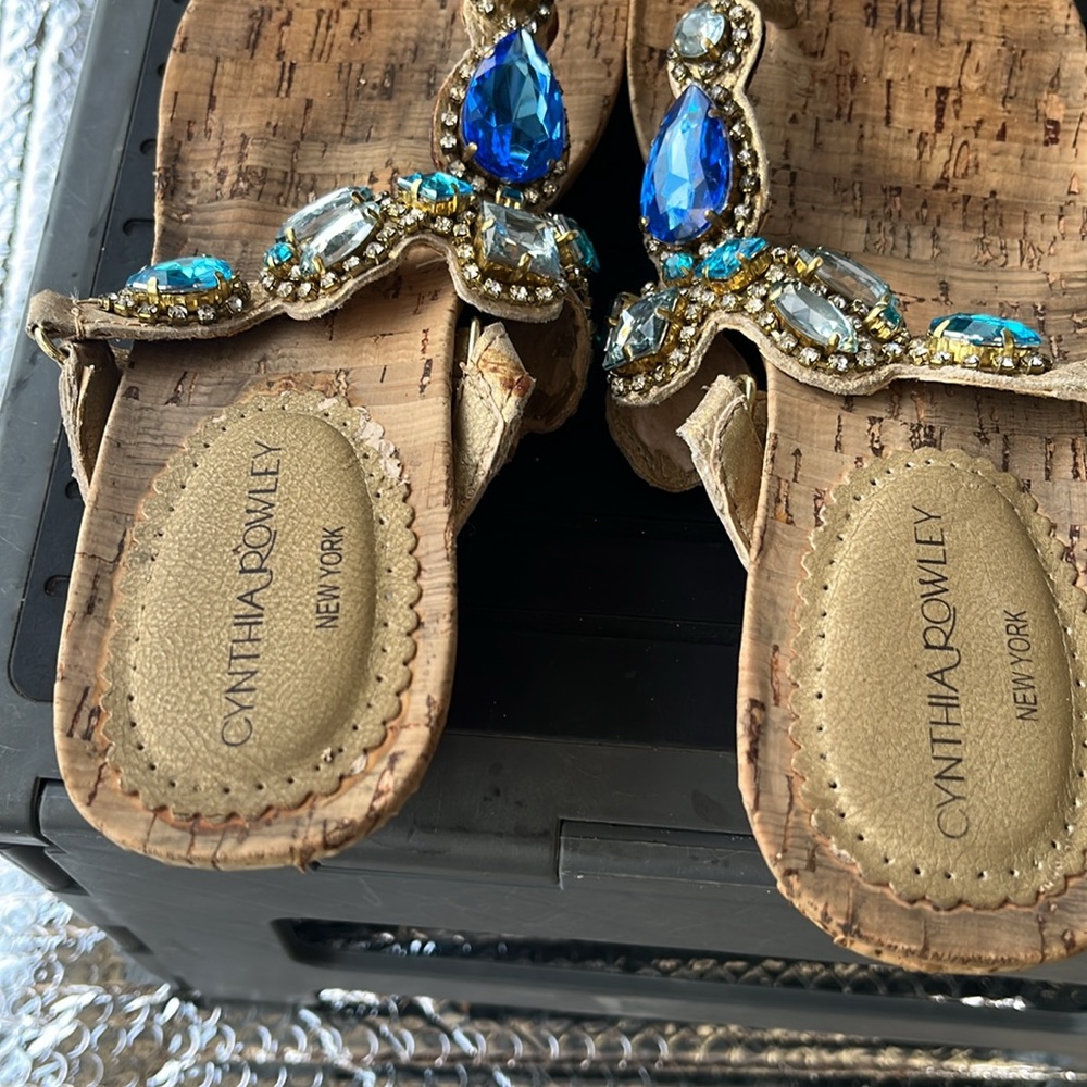 Cynthia Rowley Tan and Blue Sandals with Embellishments - Picture 11 of 14